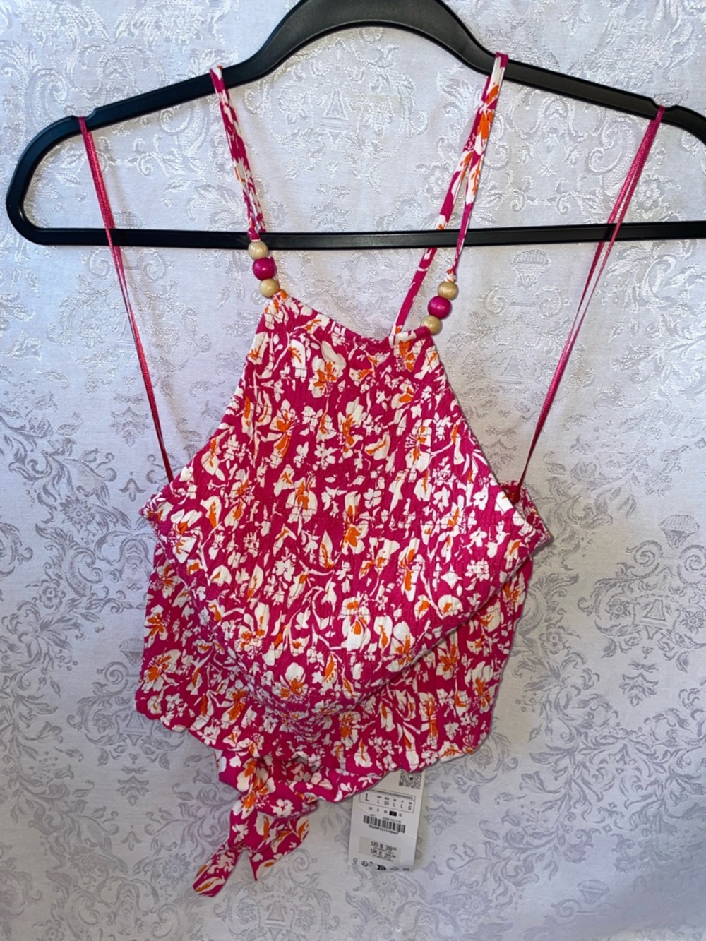 NWT ZARA Bright Pink Floral Halter Tank with Bead Straps.  Size Large.